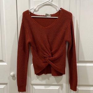 Tilly’s Poof Apparel V-Neck Twisted Hem Knitted Knot Front Sweater Burnt Orange